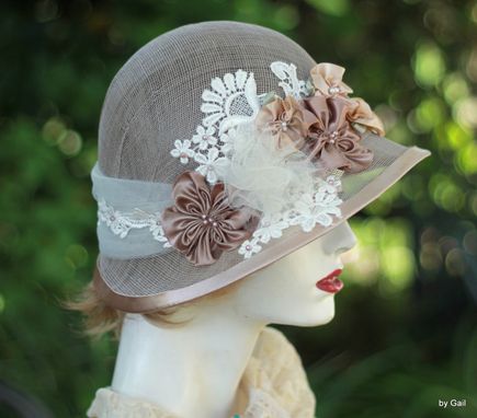 Custom Made 20'S Vintage Cloche Hat Garden Tea Party In Ivory Taupe Lace And Flowers