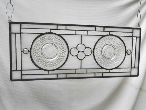 Custom Made Depression Glass Stained Glass Panel, 1960s Brockway Giveaway Plates, Vintage Stained Glass Transom