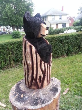Custom Made Chainsaw Carved Black Bear In A Log