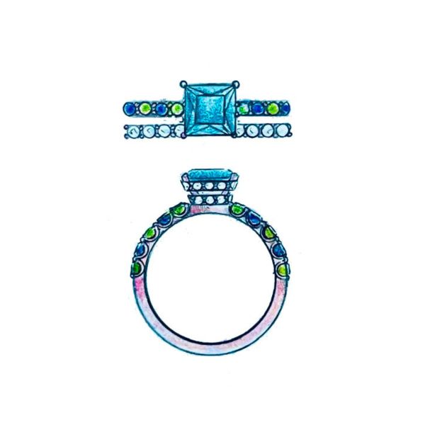 A princess cut blue topaz is set high above two stacked diamond hidden halos in this topaz, peridot, and diamond engagement ring.