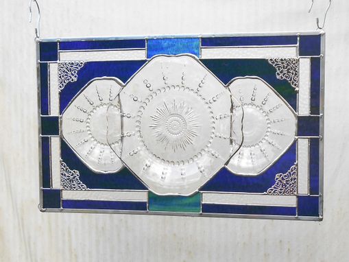 Custom Made Stained Glass Window Panel, Depression Glass Transom Window, Recycled Federal Glass Columbia Plate