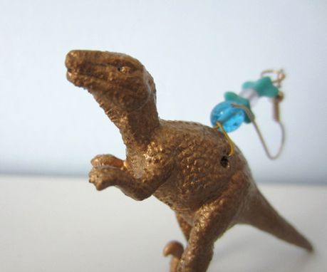 Custom Made Upcycled Earrings Made From Toy Dinosaurs - Gold Raptors With Aqua Glass Beads