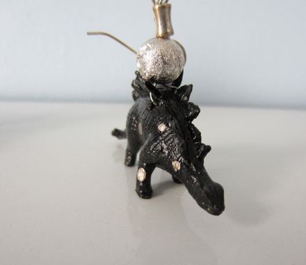 Custom Made Upcycled Earrings Made From Toy Dinosaurs - Black Stegosaurus With Silver Polka Dots