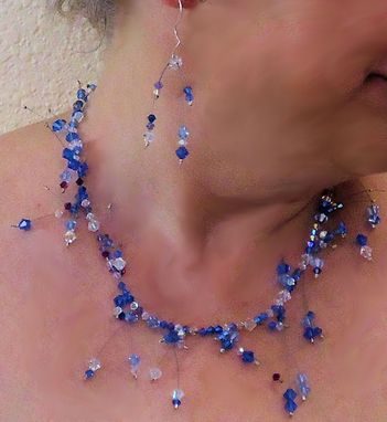 Custom Made Beaded Crystal Necklace And Earrings; Blue, Crimson, And Lilac Swarovski Crystals.