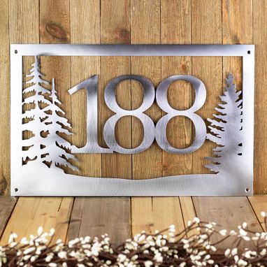Custom Made Outdoor House Number Metal Sign With Pine Trees Scene