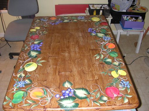 Custom Made Kitchen Table With Fruit Border And Matching Chairs