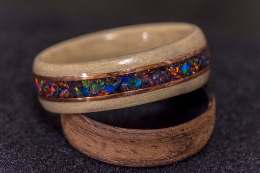 Custom Made Black Fire Opal & Space Titanium Opal Mix With Two Copper Inalys In Steam Bentwood Maple Ring