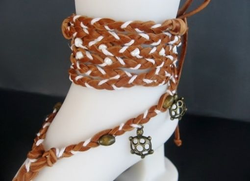 Custom Made Tan Deerskin Hand Braided Barefoot Sandals. Slave Anklets. Boho Chic. Turtle Charms. Dancer Jewelry.