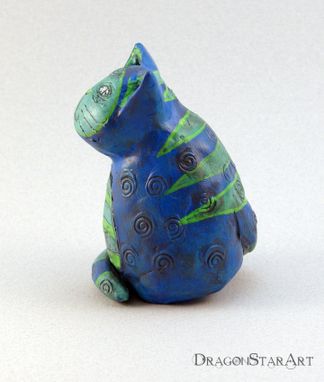 Custom Made Blue Cat Figurine Sculpture With Green Stripes