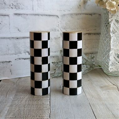 Buy Hand Crafted Whimsical Checks Tall Wood Salt & Pepper Shakers