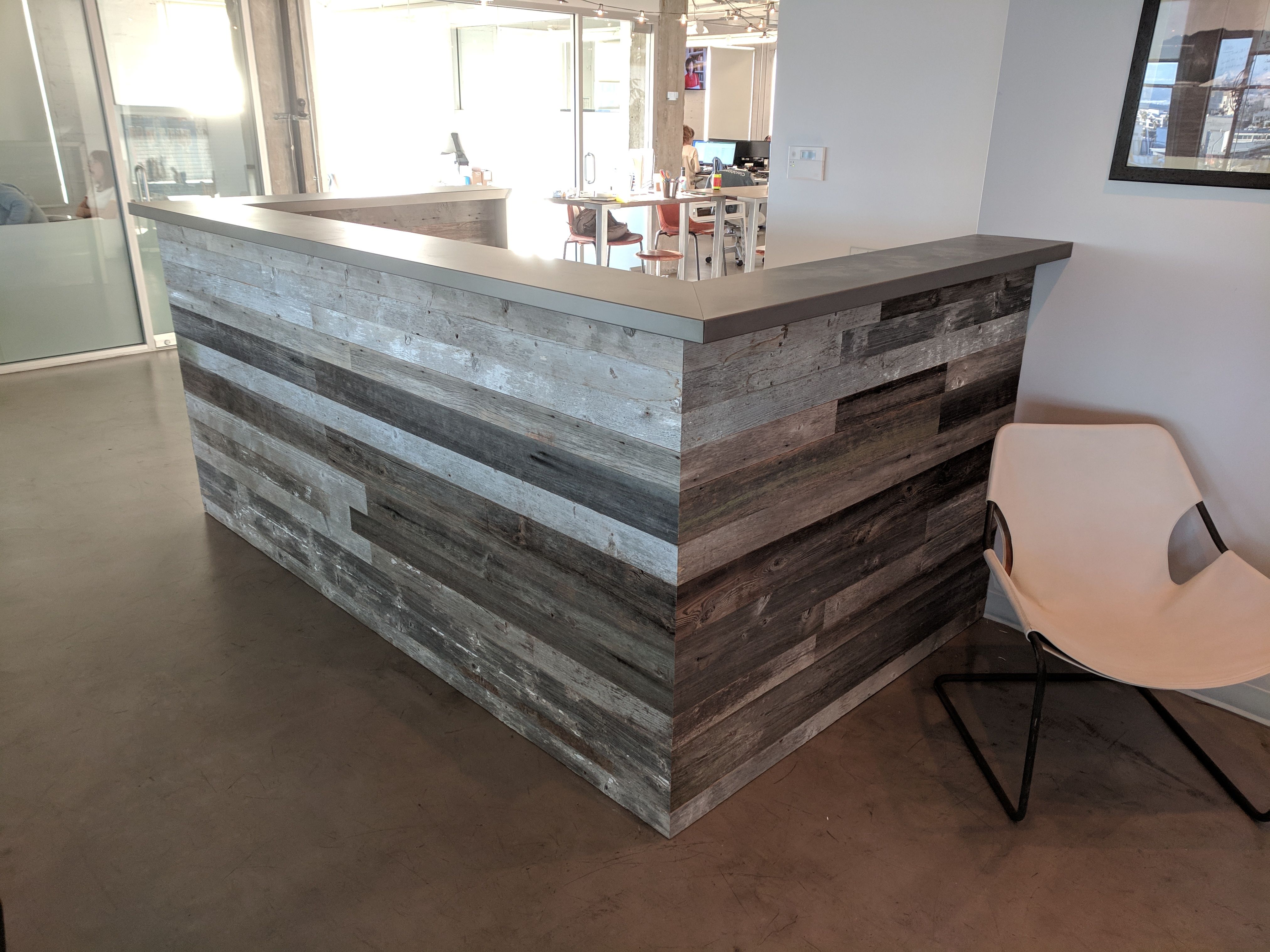 Hand Crafted Silvered Reclaimed Barnwood And Stainless Steel Reception Desk By Re Dwell Custommade Com