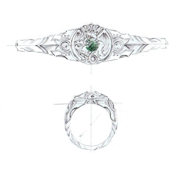 This men’s engagement ring features a skillfully crafted dragon in white gold holding an emerald in its claws.