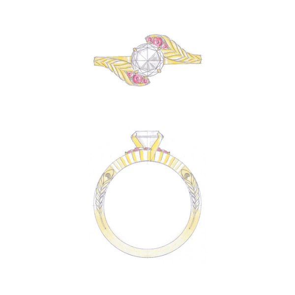 这款孔雀羽毛石榴石和钻石订婚戒指的设计草图。