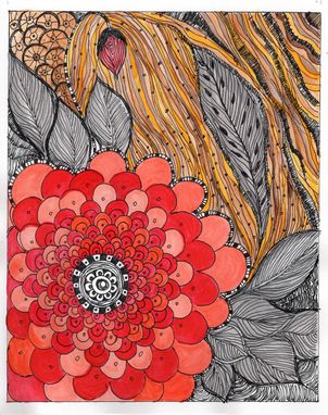 Custom Made Poppy Flower Print 8x10- Black Ink And Acrylic Fine Art Print Red Grey Orange
