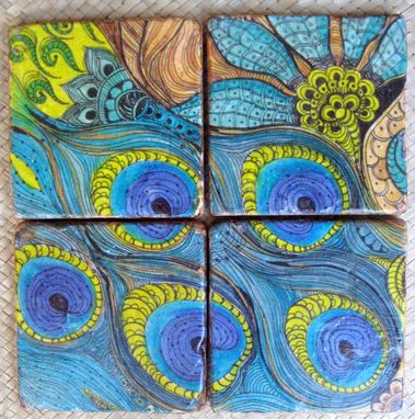 Custom Made Tile Peacock Coasters Handmade-Set Of 4 Blue Green Brown By Devikasart