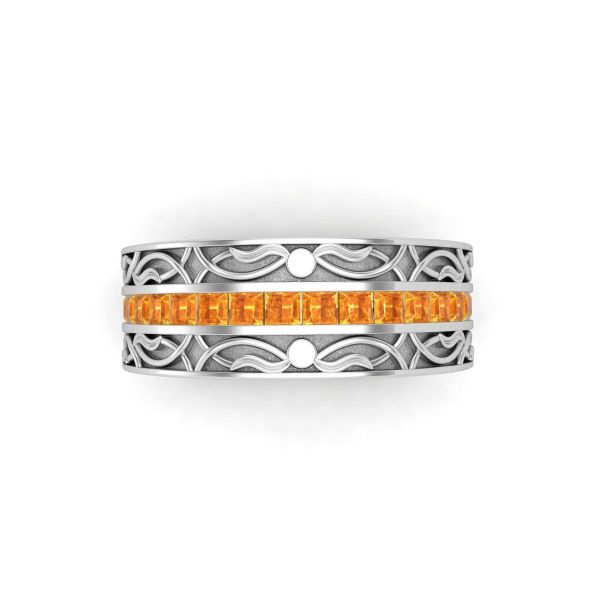 A channel of blazing citrine fire smolders at the center of this magical Celtic white gold band.
