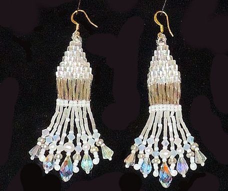 Custom Made Beaded Earrings With Swarovski Crystals; White Dangling