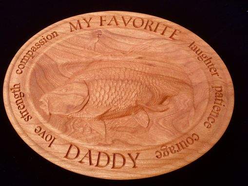 Custom Made My Favorite Daddy Fisherman 3d Relief Carving W/ Custom Border On Cherry Wood - Cnc