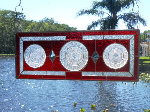 Custom Made Depression Glass Stained Glass Transom Window, 1930s Duncan Miller Plate Stained Glass Plate Panel