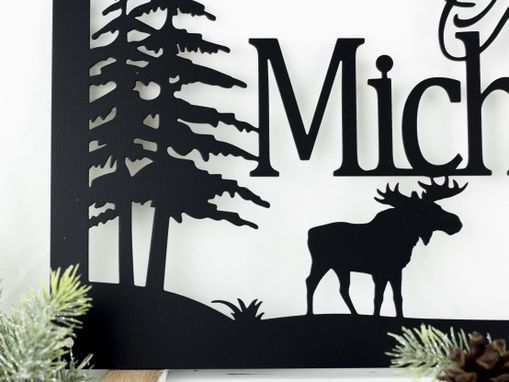 Custom Made Custom Family Name Metal Sign, Moose, Pine Trees - Matte Black Shown