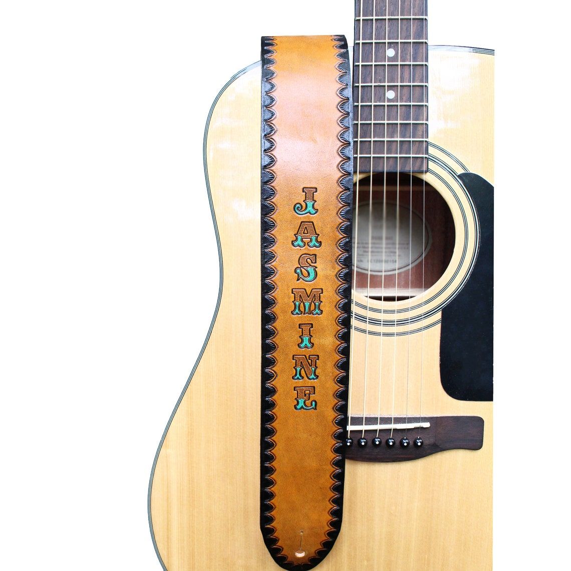 Buy Custom Personalized Tan Leather Guitar Strap With Black Border, made to  order from The Leather Smithy