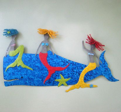 Custom Made Art Wall Sculpture Marine - Mermaids And Whale - Catching A Ride - Recycled Metal Coastal Wall Decor