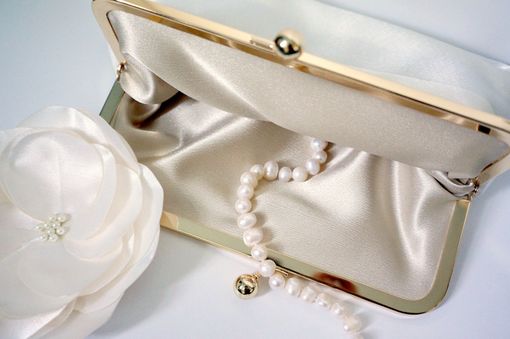 Custom Made Satin Bridal Clutch With Peach And Ivory Satin Flower Accent