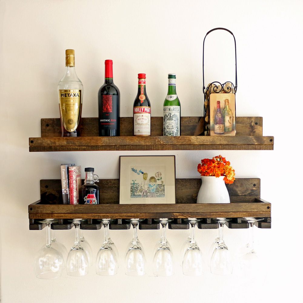 Buy a Hand Crafted Rustic Wood Wine Rack Shelf & Hanging Stemware Glass Rack, made to order from