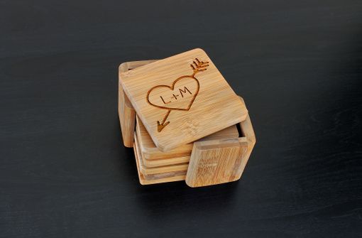 Custom Made Custom Bamboo Coasters, Custom Engraved Coasters --Cst-Bam-Heart Initials