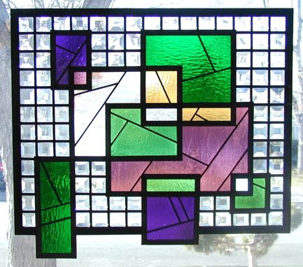 Custom Made Hanging Stained Glass W Beveled Squares In Warm Colors