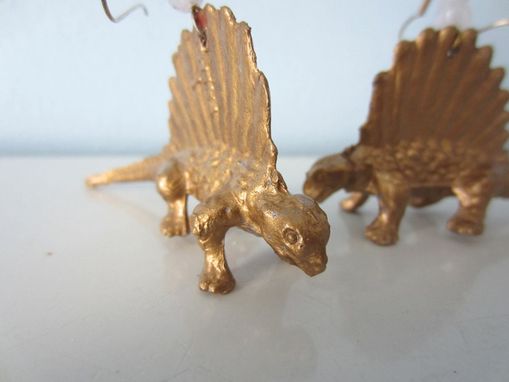 Custom Made Upcycled Earrings Made From Toy Dinosaurs - Gold Dimetrodons With White Glass Beads