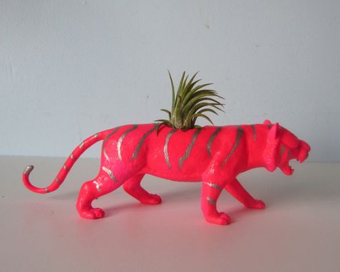 Custom Made Upcycled Toy Planter - Neon Pink Tiger With Silver Stipes And Air Plant