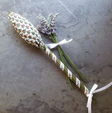 Custom Made Lavender Filled Handwoven Jacquard Wand Basket Embroidered Flowers On White
