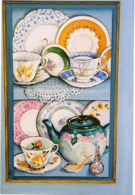 Custom Made Cabinet Painted With Trompe L'Oeil Shelves Filled With China Pieces