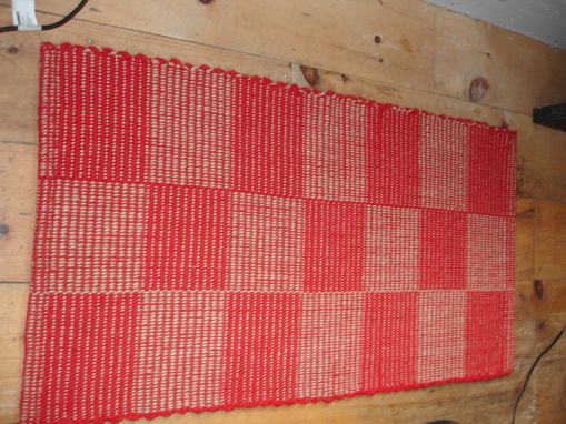 Custom Made Red Beige Hand-Woven Wool Check Rug 25 In By 50 In