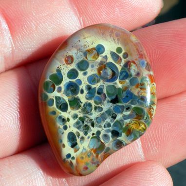 Custom Made Tan Glass Guitar Pick With Blue Green Fritted Glass