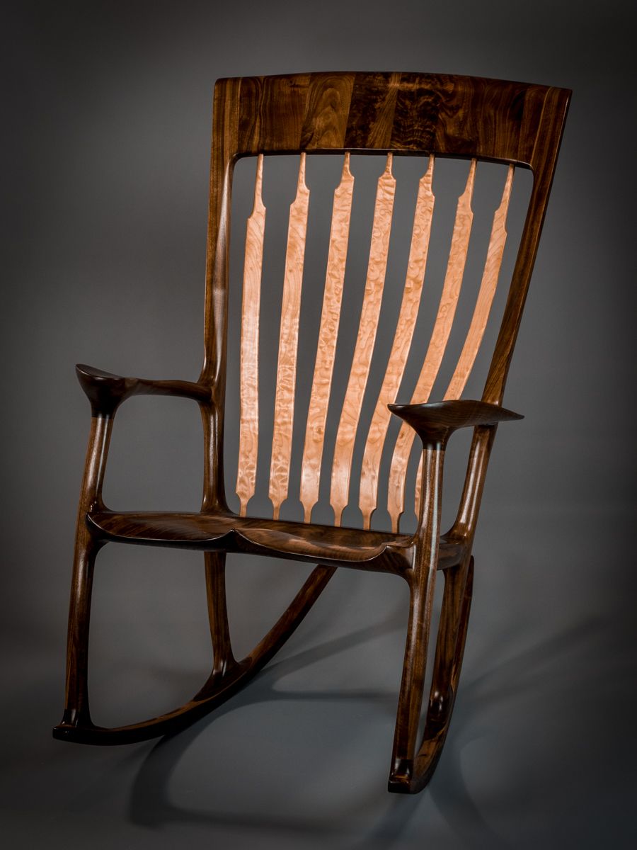 Hand Made Walnut & Quilted Maple Handshake Rocking Chair by 2nd Life
