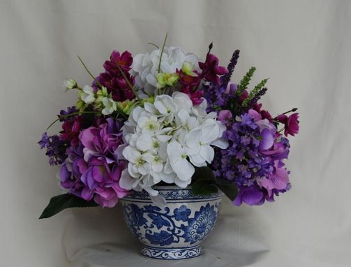 Custom Made Purple And White Hydrangea Silk Floral Arrangement In Blue Pottery Vase