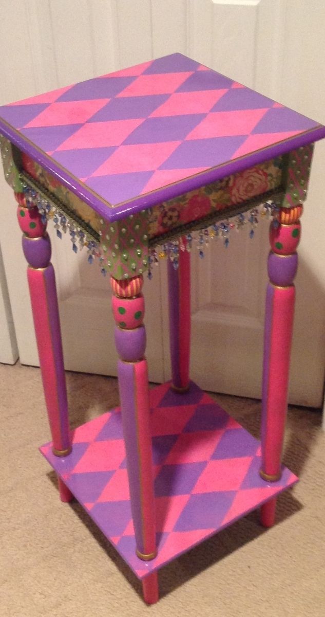 Hand Crafted Custom Hand Painted Accent Side Table Harlequin by Michele