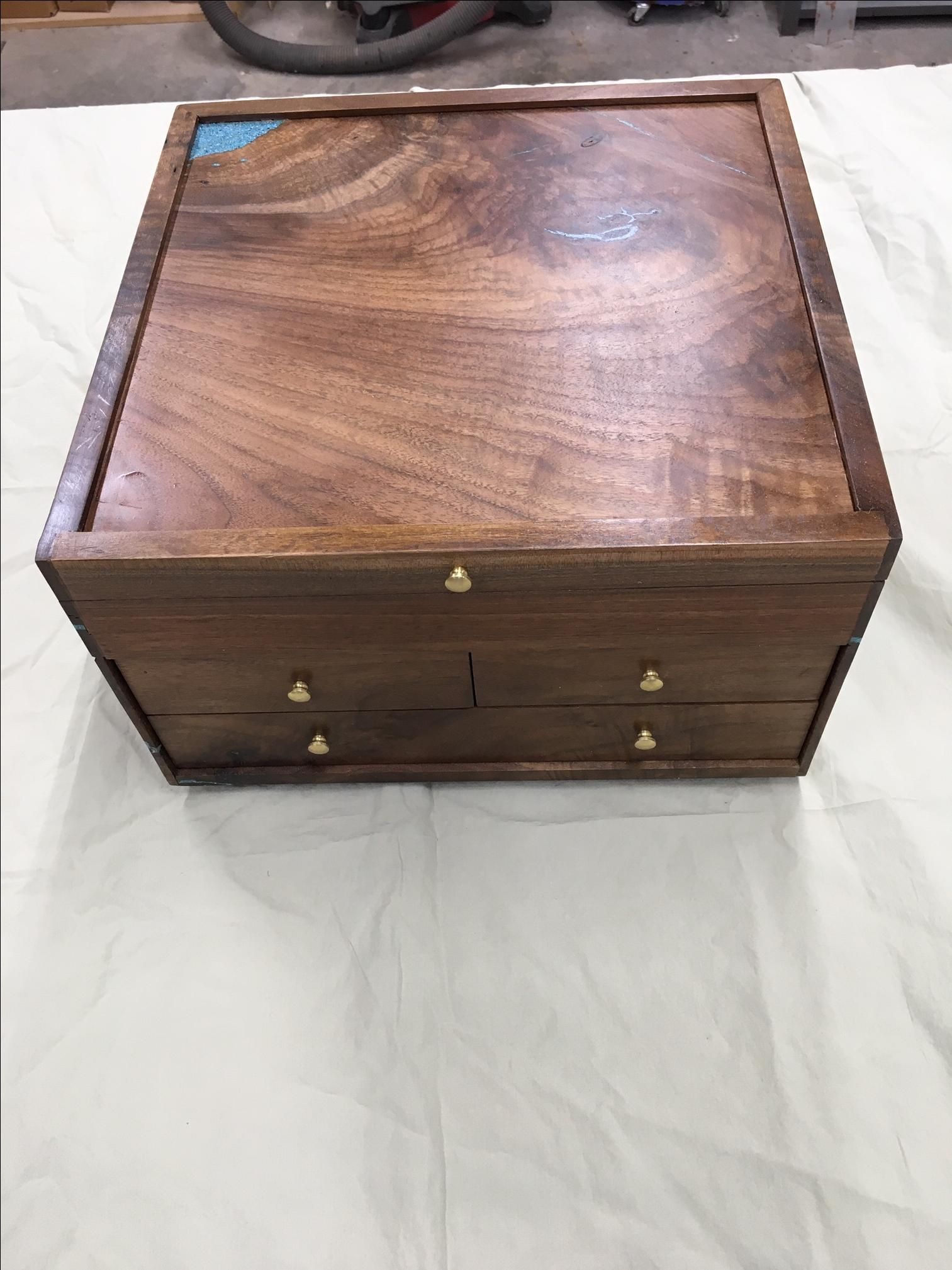 Hand Made Walnut Jewelry Box Live Edge Juniper With Turquoise Inlay by The Oakman