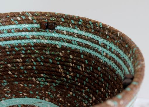 Custom Made Fabric Bowl With Lid - Coiled - Wrapped Clothesline - Medium Round - Brown/Mint Green