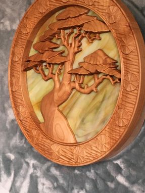Custom Made Bonsai With Stained Glass Wood Carved Art Piece