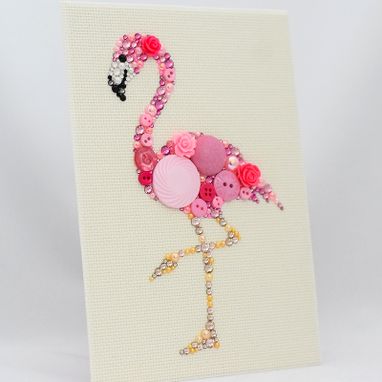 Custom Made Pink Flamingo Button Art Wall Hanging