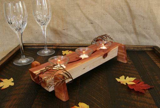 Custom Made Modern Rustic Decor Table Centerpiece Wood Tealight Votive Candle Holder With Metal Leaves