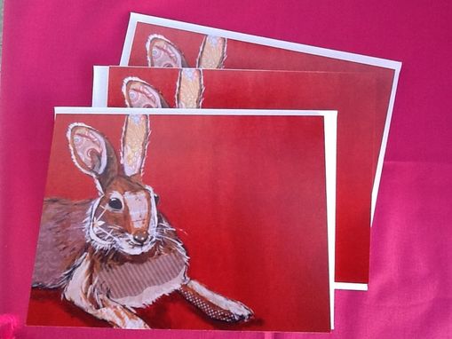 Custom Made Brown Collage Hare On Red Notecard Set