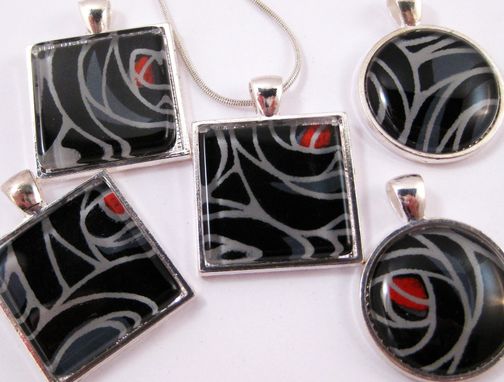 Custom Made Glass Tile Pendant With Black Rose Design On Silver Snake Chain Necklace