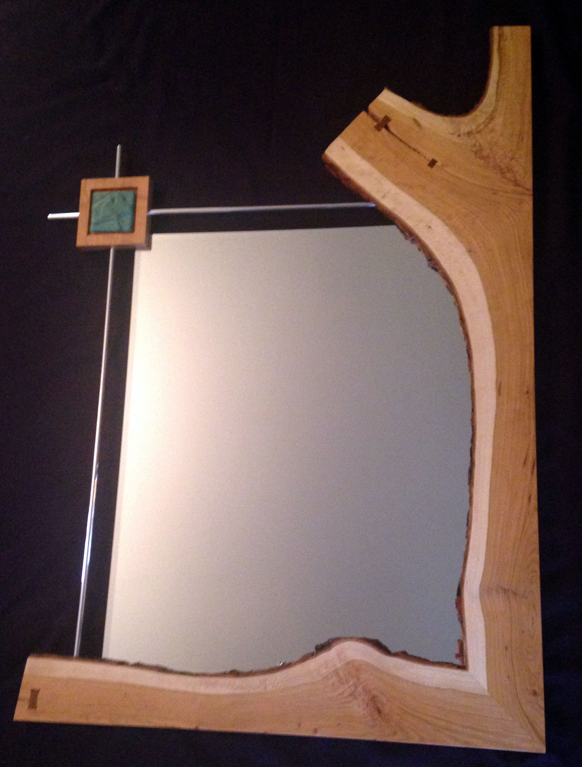 Hand Crafted Cherry Wood Live Edge Mirror With Custom Gingko Tile by