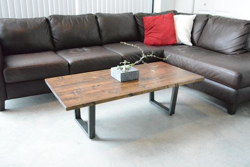 Custom Made Industrial Wood Coffee Table With Raw Steel Base