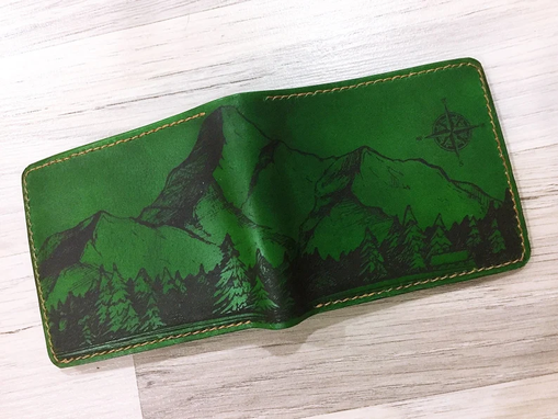 Custom Made Leather Handmade Men's Wallet, Mountain Landscape Pattern Men's Gift
