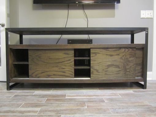 Custom Made Media Cabinet - Reclaimed Hardwoods In A Steel Frame